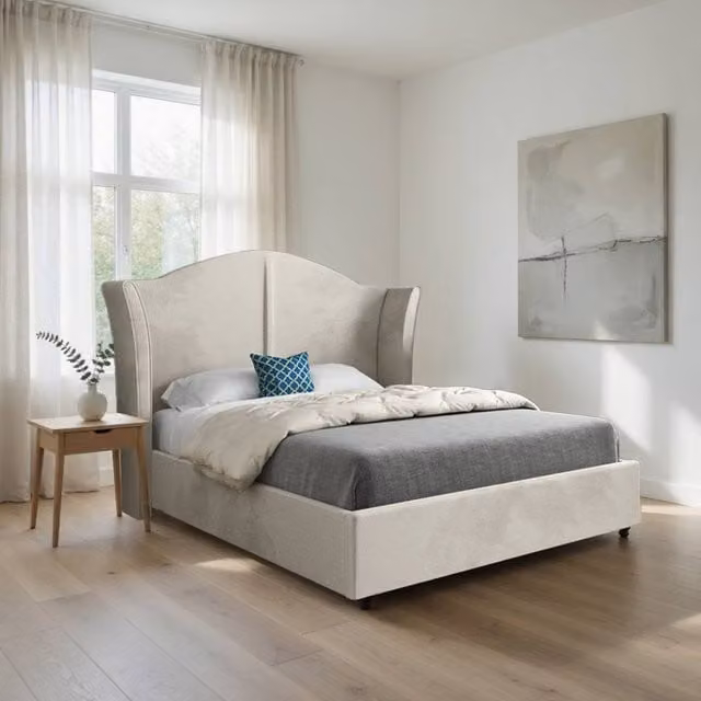 KDMD Wilsden Single Curved Winged Designer Bed Frame in Beige Soft Velvet