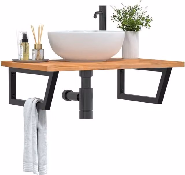 Berkfield Home Wall Mounted Basin Shelf in Brown Steel and Solid Beech Wood