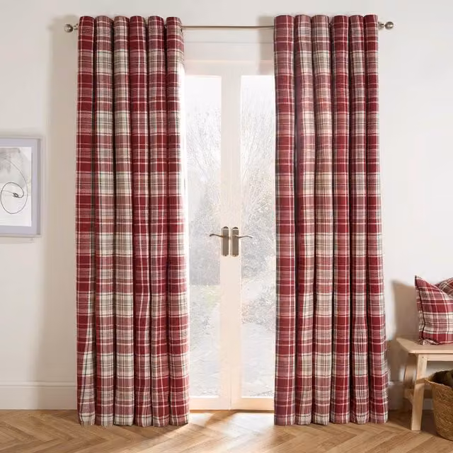 OHS Pair of Dorest Woven Check Thermal Blackout Eyelet Curtains in Red and Black, Width: 228 cm