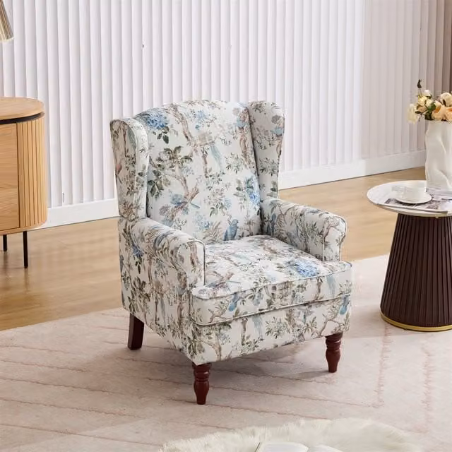 Furniture One High Wingback Armchair in Multicolour Floral Fabric with Yellow Accents