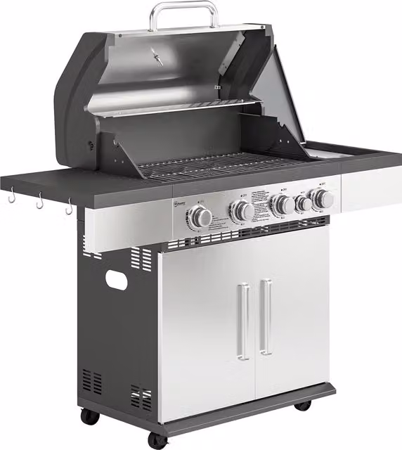 Outsunny 4+1 Burner Gas BBQ Grill with Side Burner, Warming Rack, Side Shelf, Storage Cabinet and Wheels