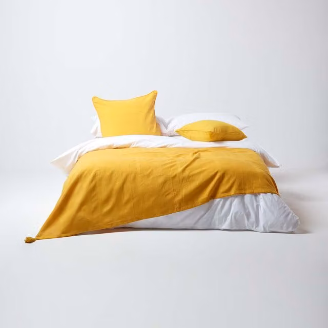 Homescapes Cotton Rajput Ribbed Woven Throw in Yellow, 255 cm