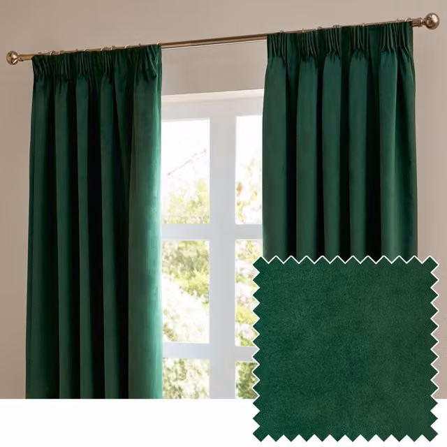 Make It A Home Emerald Green Velvet Room Darkening Pencil Pleat Curtain Pair, Width: 137 cm, Height: 168 cm