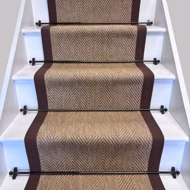 RainbowHome New England Herringbone Beige Stair Runner with Mocha Cotton Border, W: 65 cm x L: 700 cm