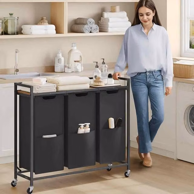 The Bazaarist 3 Bag Rolling Laundry Sorter Cart with Shelves, Black and Brown