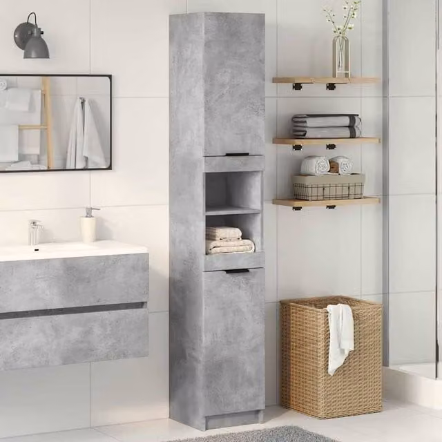 Berkfield Home Durable Bathroom Cabinet in Concrete Grey, W/D/H: 32 x 34 x 188.5 cm