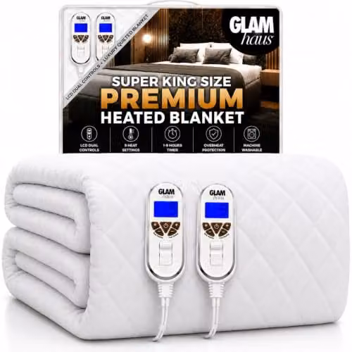 GlamHaus Superking Dual Control Electric Fitted Mattress Blanket in White