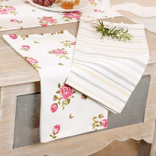 Dibor Set of 4 Pink Floral and Striped Traditional Cotton Kitchen Linen Napkins in Brown