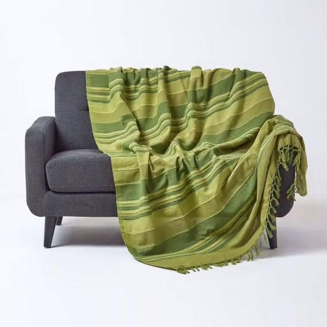 Homescapes Green Moroccan Striped Woven Cotton Throw, W/D/H: 225 x 255 cm