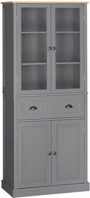 ERGOVEXA Tall Kitchen Pantry Cupboard in Grey with Glass Doors and Drawers, H: 182.5 cm, W: 40.0 cm, D: 76.0 cm