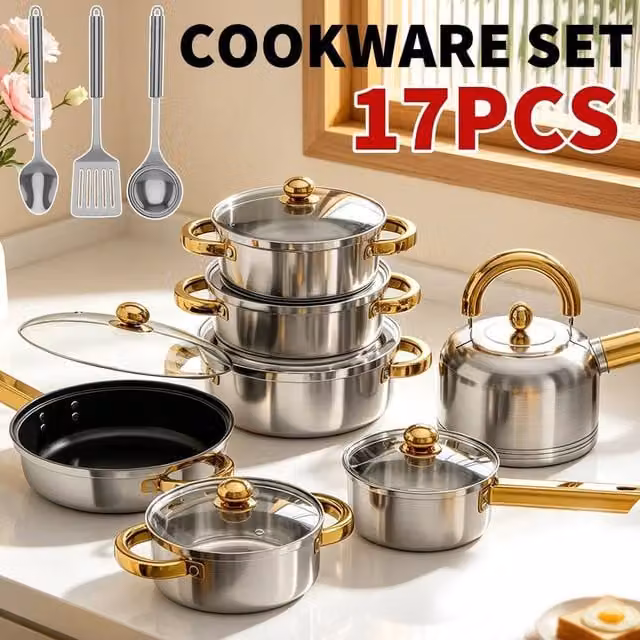 EONLION 17-Piece Non-Stick Induction Stainless Steel Cookware Set in Silver