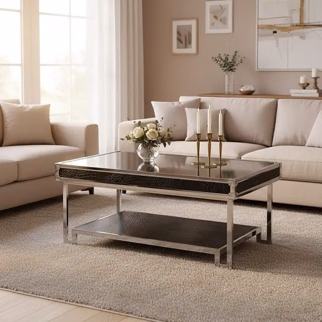 Premier Housewares Rectangular Mirror Coffee Table with Silver Crocodile Effect Detail and Black Metal Legs