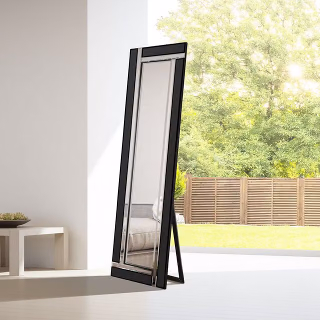 MirrorOutlet Aston Black All Glass Cheval Mirror, Black, H 150 cm x W 40 cm