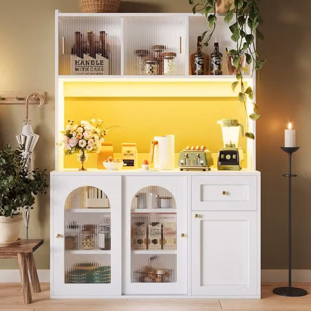 BTM Modern White Kitchen Display Cabinet with Glass Doors and LED Lighting, W/D/H: 35 x 35 x 167 cm