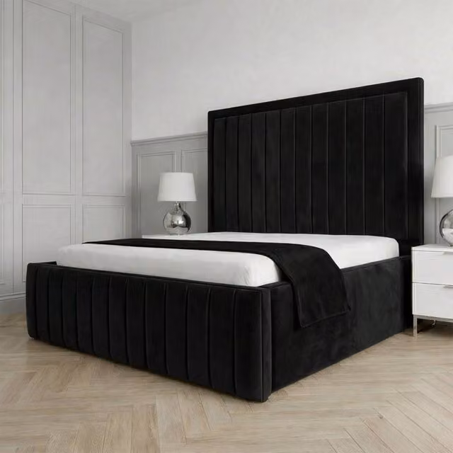 Living Comfort Bedz Sovereign Plush Velvet Upholstered Bed with Slatted Base and 48 Inch Headboard in Black, Super King