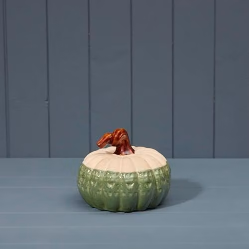 Four Candle Two Tone Beige and Green Ceramic Pumpkin Ornament, Height: 16 cm