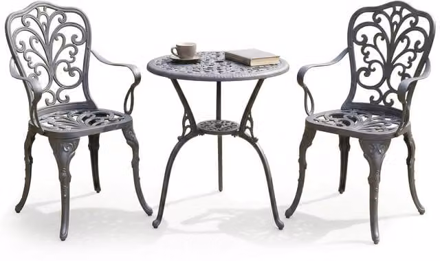 Bangui Bistro Set with 2 Chairs in Grey and Black Powder Coated Aluminium