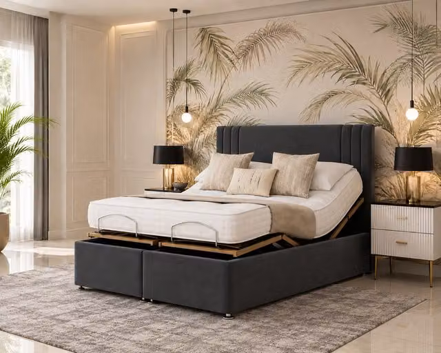 K Mehmood Enterprise Ltd Grey Upholstered Motorised Adjustable Mobility Bed with Spring Mattress, W/D/H: 180 x 200 cm
