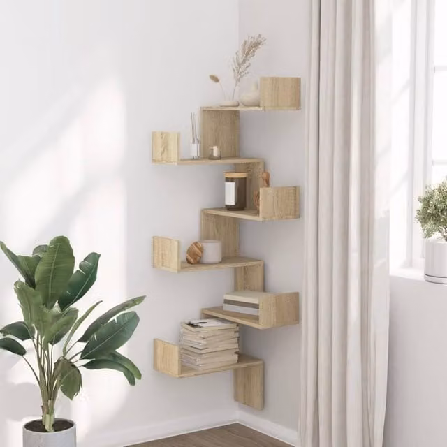 Berkfield Home Sonoma Oak Wall Corner Shelf, Light Brown, W/D/H: 45 x 45 x 147 cm