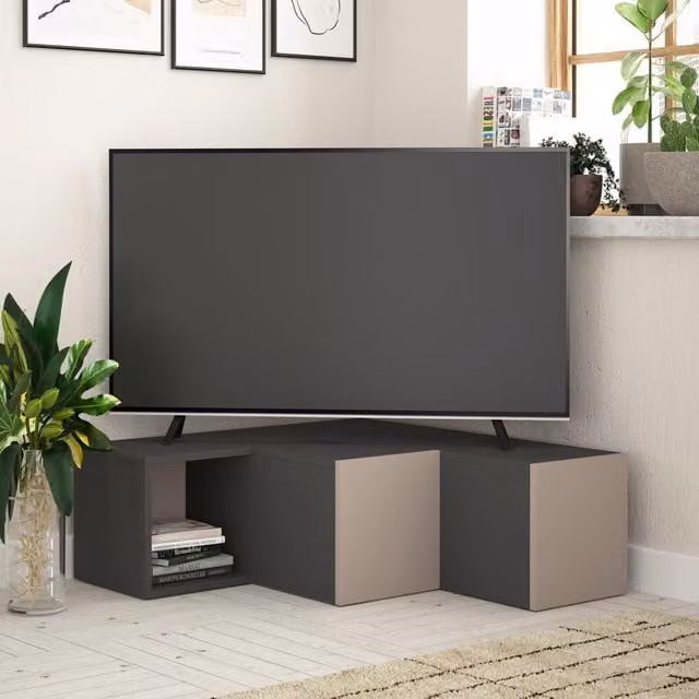 FWStyle Modern 2 Drawer Corner TV Unit with Open Shelf in Anthracite and Grey
