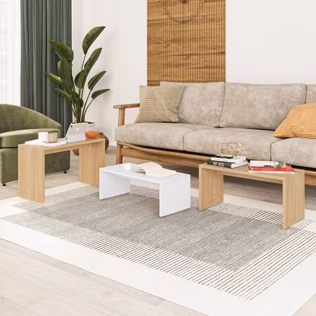 FWStyle Nest of 3 Modern Rectangular Tables in Natural Oak Finish