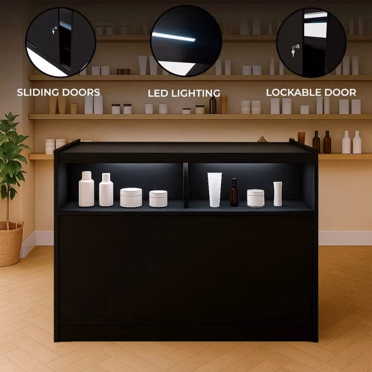 Monstershop B1200 LED Retail Shop Counter in Black with Glass Sliding Doors and Integrated Lighting