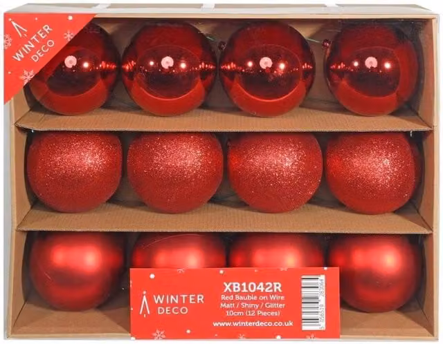 KDMD 12 Pack Red Round Christmas Baubles with Matt Shiny Glitter and Wire Hanger