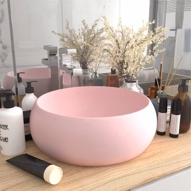 Berkfield Home Luxury Round Ceramic Wash Basin in Matt Pink, W: 40 cm, H: 15 cm, D: 15 cm