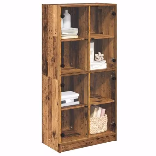 vidaXL Modern Highboard in Old Wood Brown with Glass Doors, W/D/H: 68 x 37 x 142 cm