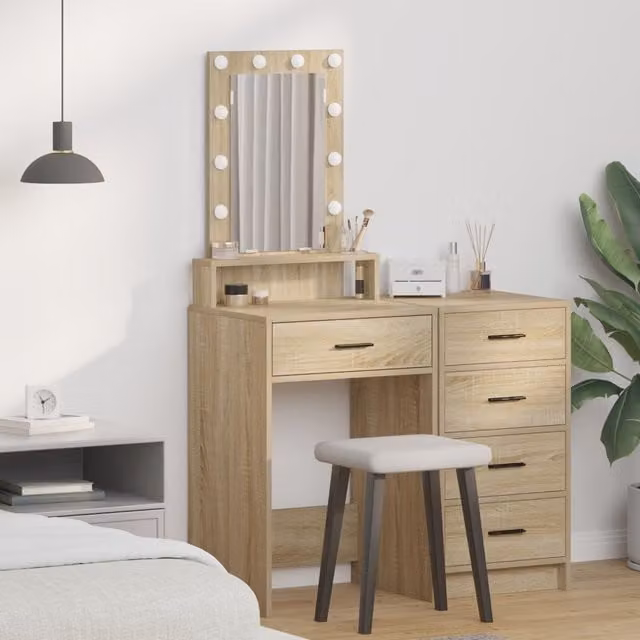 Berkfield Home Hollywood LED Dressing Table in Sonoma Oak and Beige, W/D/H: 50 x 41 x 140 cm