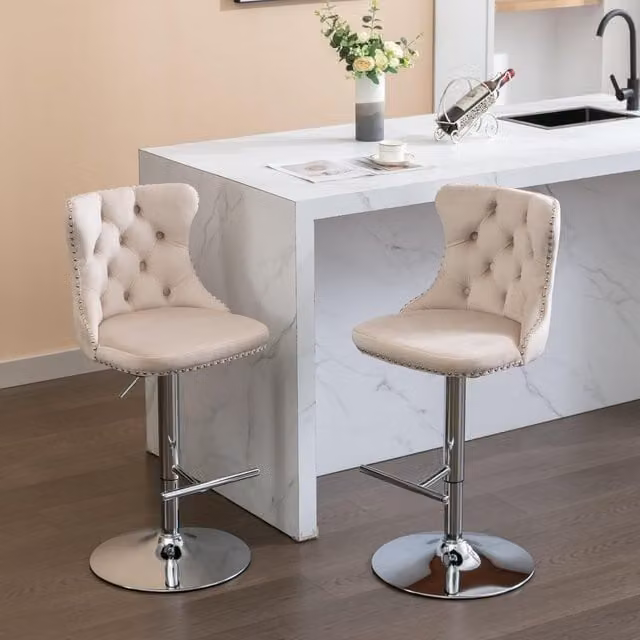 Modern Home Store Set of 2 Beige Velvet Tufted Swivel Bar Stools with Chrome Metal Base