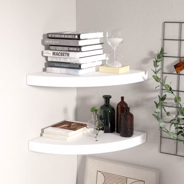 Berkfield Home Set of 2 White Floating Corner Shelves, W/D/H: 35 x 35 x 3.8 cm