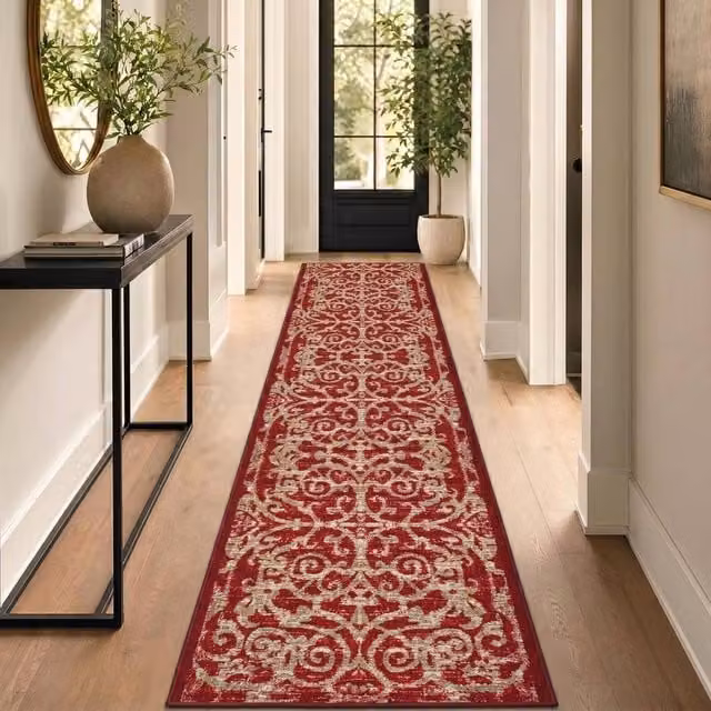 Bravich LTD Filigree Non-Slip Low Pile Hallway Runner Rug in Red, W: 66 cm, L: 366 cm