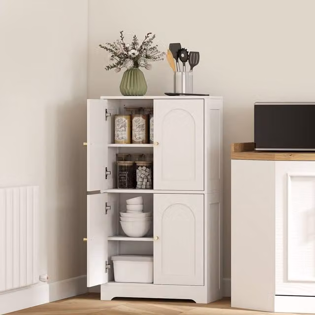 HOMCOM White Modern Tall Kitchen Cupboard with 4 Hinged Doors and Internal Shelves, Width: 110 cm