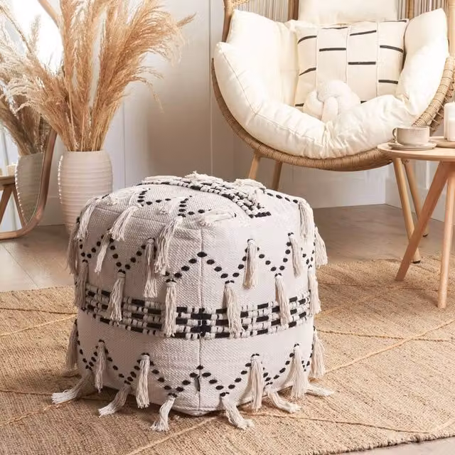 Wyld and Coco Boho Cube Pouffe in Beige and Black Knit Fabric, W/D/H: 45 x 45 x 45 cm