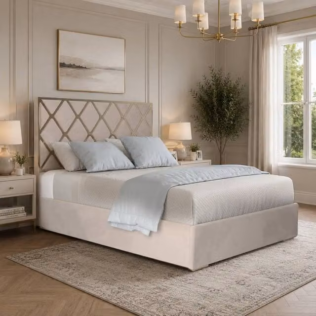 KDMD Trentham Upholstered Velvet Designer Bed Frame in Beige with Metal Details, W/D/H: 120 x 127 x 128 cm
