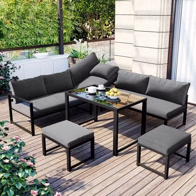 Home Touch Interior 7 Seater L-Shape Garden Furniture Set in Grey with Powder Coated Aluminium Frame and Adjustable Headrests