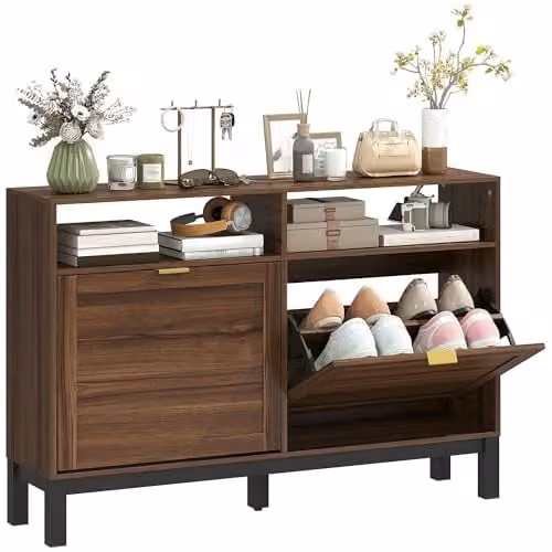 HOMCOM Rustic Brown Narrow Shoe Cabinet with 2 Tilting Compartments and Open Shelf, W/D/H: 80 x 29 x 120 cm