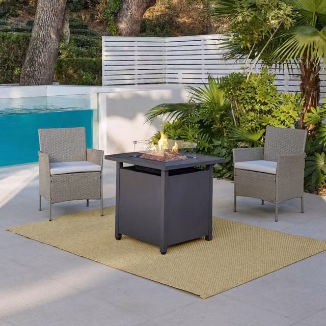 GRS Grey PE Rattan Bistro Set with Fire Pit Dining Table