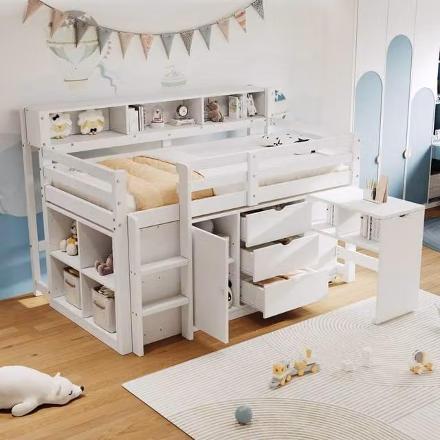 Merax White Mid Sleeper Childrens Storage Bed with Pull Out Desk and Drawers, W/D/H: 190 x 90 x 160 cm