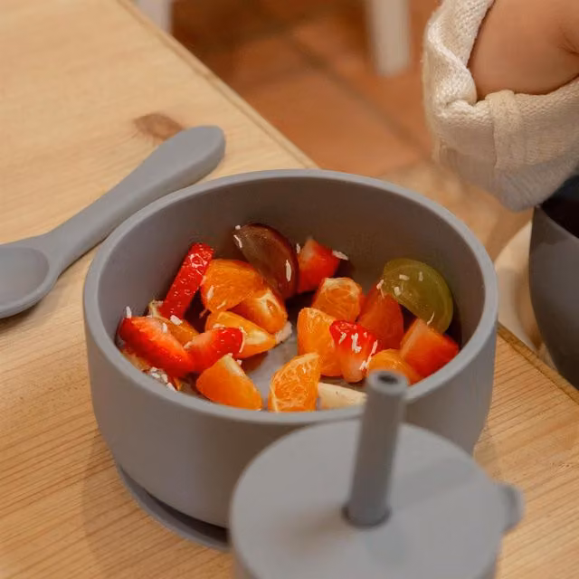 Tiny Dining Silicone Suction Bowls for Babies, Pack of 3, Blue and Grey, Microwave Safe