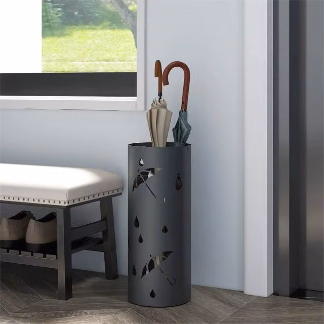 Nordara Round Umbrella Stand with 4 Hooks and Removable Drip Tray in Anthracite Grey