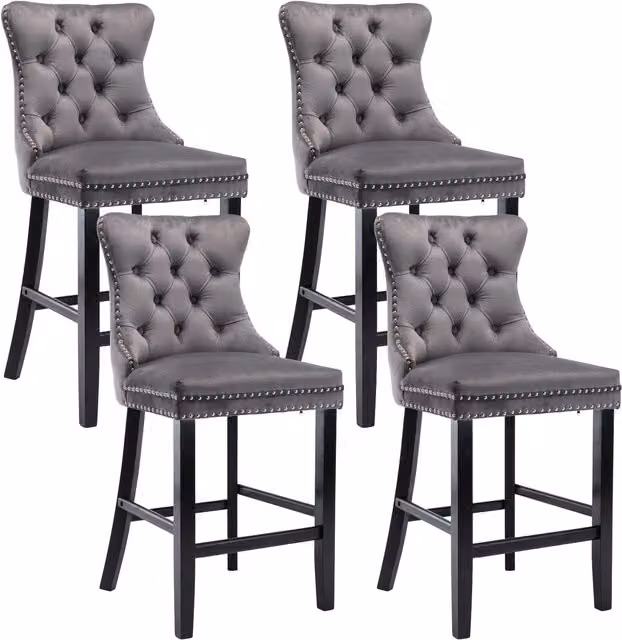 HomeTouch Lux Set of 4 Grey Velvet Upholstered Bar Stools for Kitchen Counters