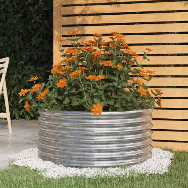 Berkfield Home Powder-coated Steel Garden Planter Tub, Silver, W: 80 cm, D: 80 cm, H: 36 cm