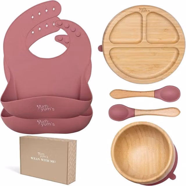 Yum Yums 6-Piece Pink Silicone and Bamboo Baby Weaning Feeding Set