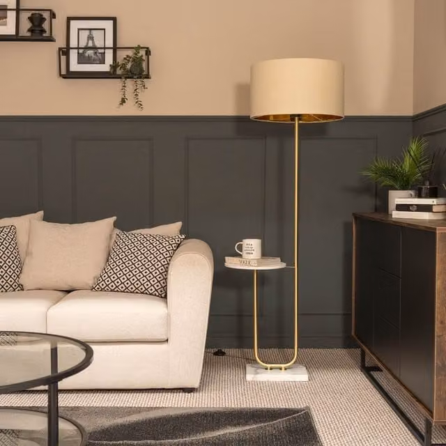 ValueLights Tavel Modern Floor Lamp with Beige Fabric and Gold Metal Cylinder Shade, Height: 131 cm