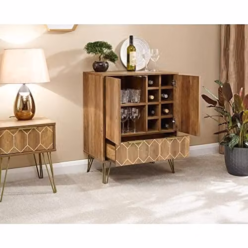 GFW Orleans Mango Wood Wine Cabinet with Bottle Rack, Glass Holder and Drawer in Brown, Black and Gold, W/D/H: 82.0 x 39.0 x 39.0 cm