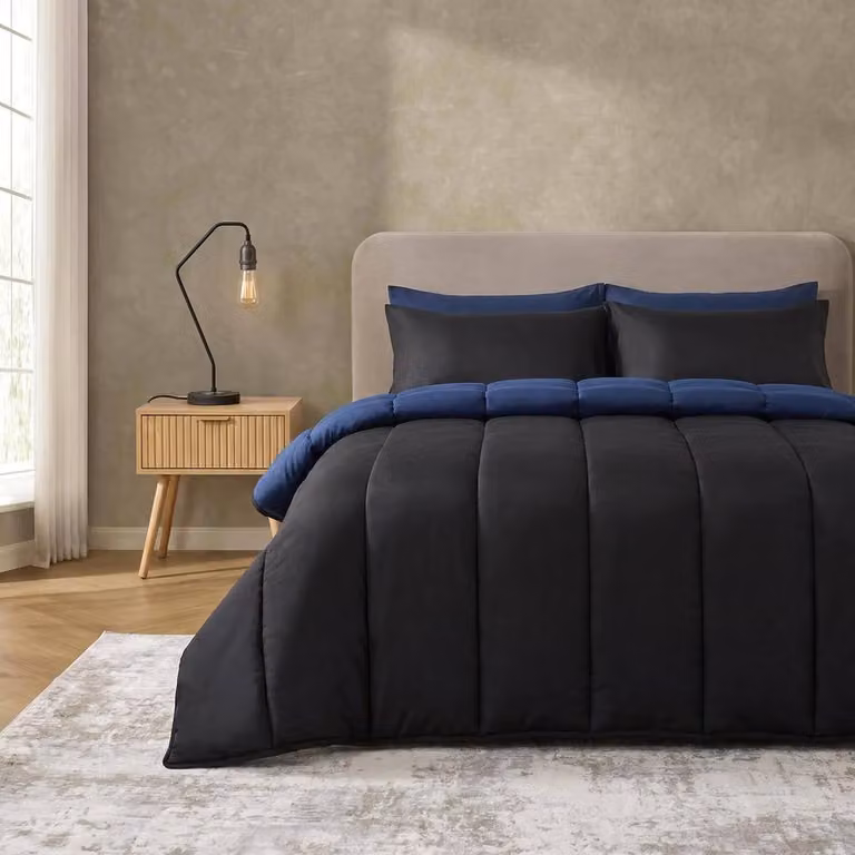 OHS Reversible 10.5 Tog Coverless Microfibre Duvet with Pillowcases in Navy Blue, King Size