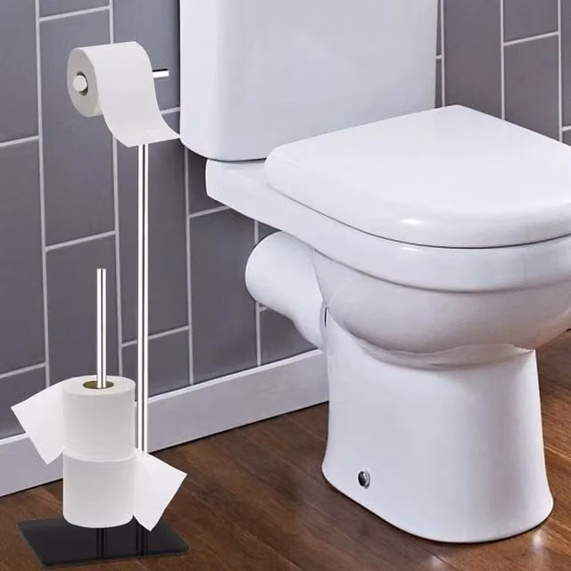EONLION Stainless Steel Freestanding Toilet Roll Holder with Spare Roll Holder in Black