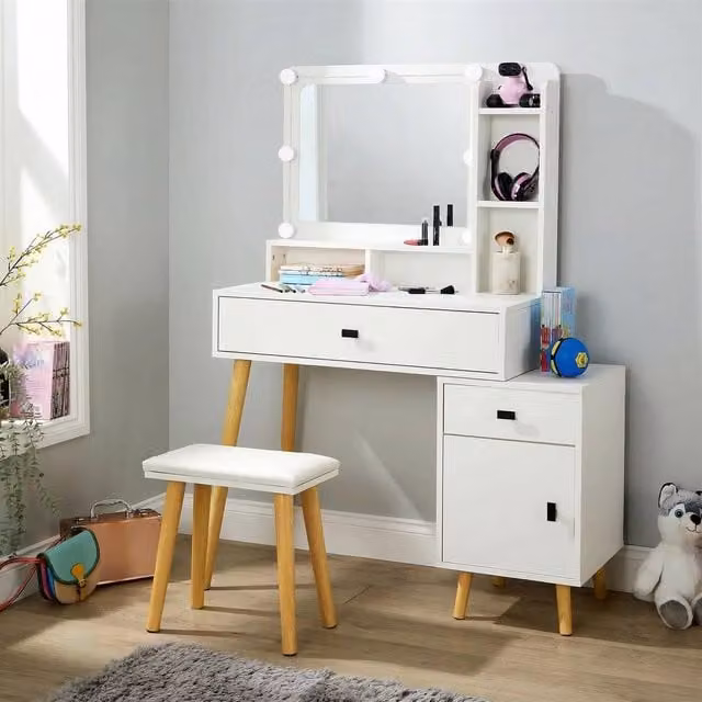 Home Source White Dressing Table with Hollywood LED Lighting Mirror and Cushioned Stool, W: 138 cm, D: 40 cm, H: 76 cm